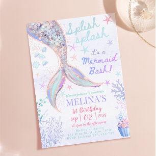 Invitación Brillo de Cumpleaños de Sirena Splash Salpicadura