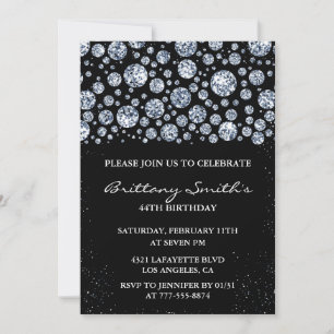 Invitación Brillo de diamante negro Glitter cumpleaños 44
