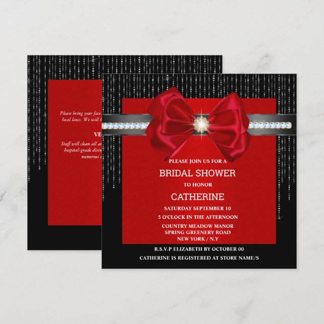 Invitación Brillo de diamante rojo negro lujoso elegante (Anverso / Reverso)