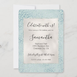 Invitación Brillo de Estampado de Leopardo Azul Menta