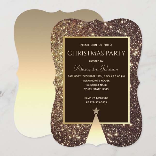 Invitación Brillo de la fiesta de Navidad en oro (Anverso / Reverso)