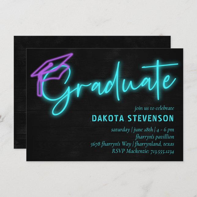 Invitación Brillo de luz azul neón | Graduación Retro Moderna (Anverso / Reverso)