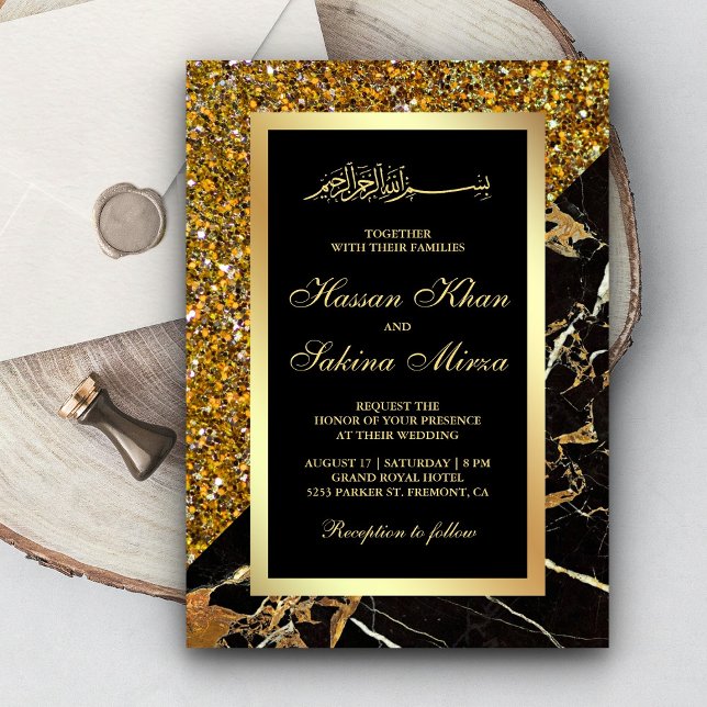 Invitación Brillo de Oro Falso Mármol Negro Dorado Boda Musul (Subido por el creador)