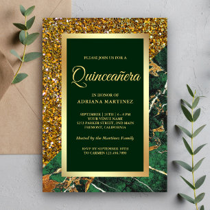 Invitación Brillo de Oro Falso Mármol Verde Esmeralda Quincea