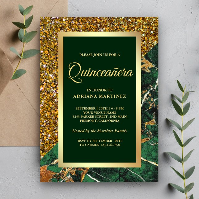 Invitación Brillo de Oro Falso Mármol Verde Esmeralda Quincea (Subido por el creador)