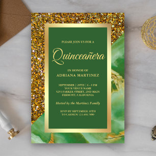 Invitación Brillo de Oro Falso Mármol Verde Quinceañera