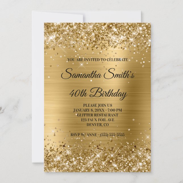 Invitación Brillo de Oro Falso y Cumpleaños 40 con Holografía (Anverso)