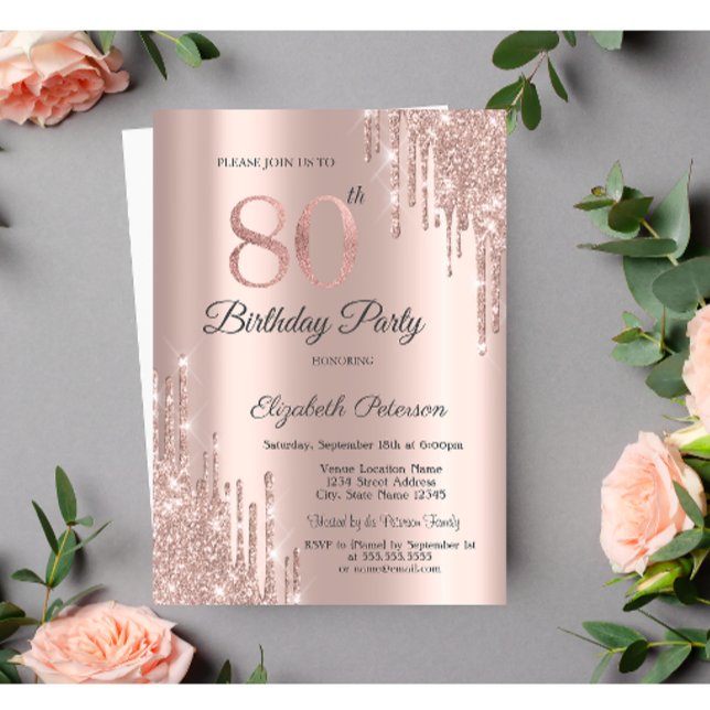 Invitación Brillo de oro rosa gotas cumpleaños 80 oro rosa   (Subido por el creador)