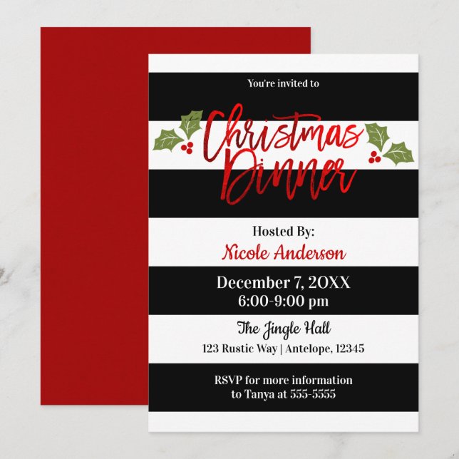 Invitación Brillo de Papel de Aluminio Rojo Chic Moderno Cena (Anverso / Reverso)