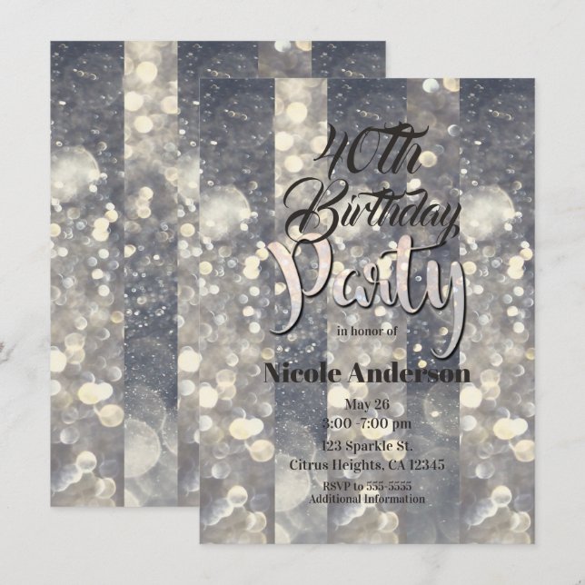 Invitación Brillo de Plata Glitter Glamour Fiesta Moderna (Anverso / Reverso)
