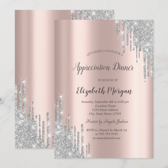 Invitación  Brillo de plata gotas Rosa Aprecio de Oro  (Anverso / Reverso)