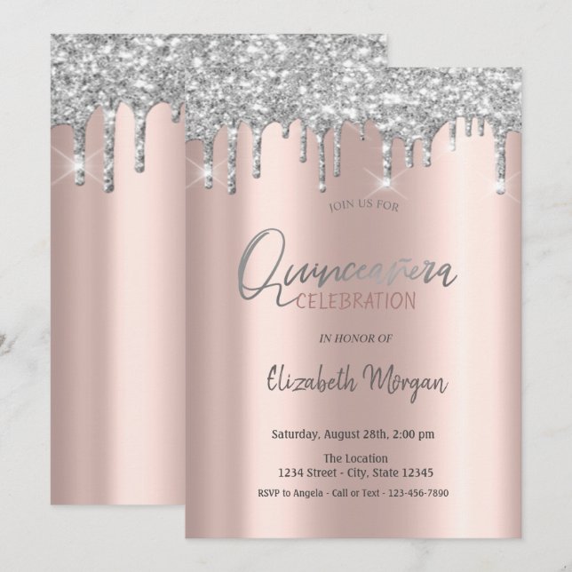 Invitación Brillo de Plata que Cae en Rosa Dourada Quinceañer (Anverso / Reverso)