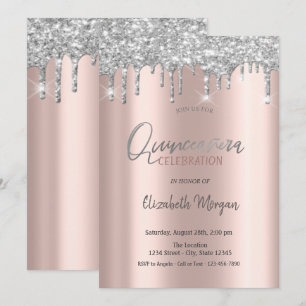 Invitación Brillo de Plata que Cae en Rosa Dourada Quinceañer
