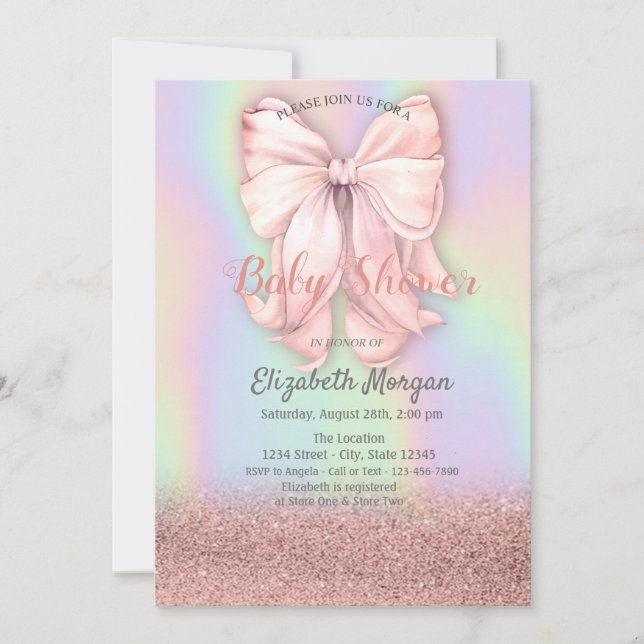 Invitación Brillo de Rosa Dorado Bokeh, Lazo Rosa Holográfico (Anverso)