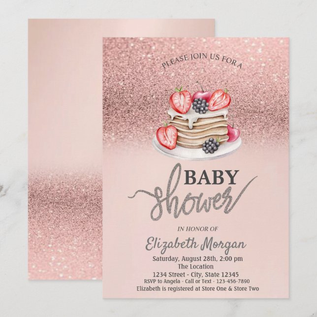Invitación Brillo de Rosa Dorado Bokeh, Panqueques  Baby Show (Anverso / Reverso)