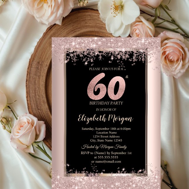 Invitación Brillo de Rosa Dorado Chic Brillos Cumpleaños 60 (Subido por el creador)