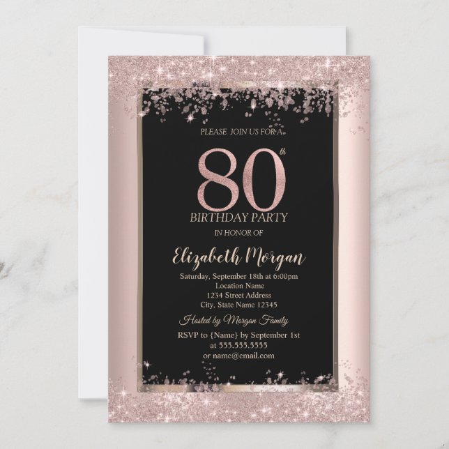 Invitación Brillo de Rosa Dorado Chic Brillos Cumpleaños 80 (Anverso)