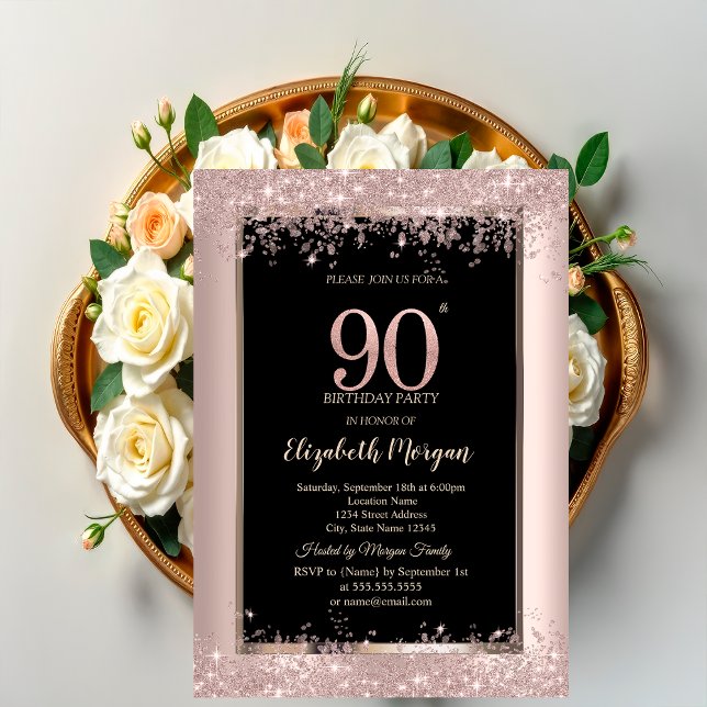 Invitación Brillo de Rosa Dorado Chic Brillos Cumpleaños 90 (Subido por el creador)