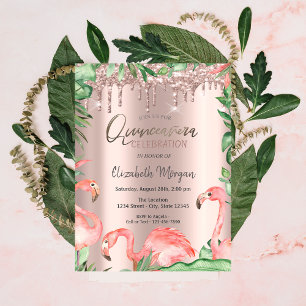 Invitación Brillo de Rosa Dorado con Goteos Flamencos Rosados