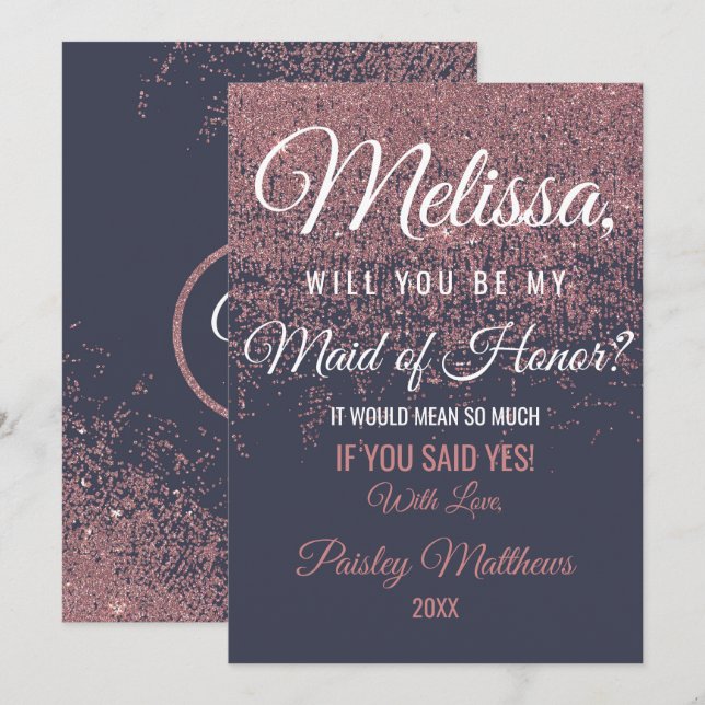 Invitación Brillo de Rosa Dorado Destellos Azul Marino Dama d (Anverso / Reverso)