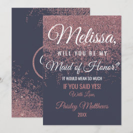 Invitación Brillo de Rosa Dorado Destellos Azul Marino Dama d