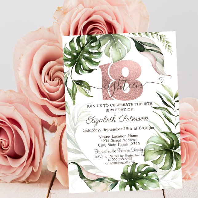 Invitación Brillo de Rosa Dorado Gotea Hojas Cumpleaños 18 (Subido por el creador)