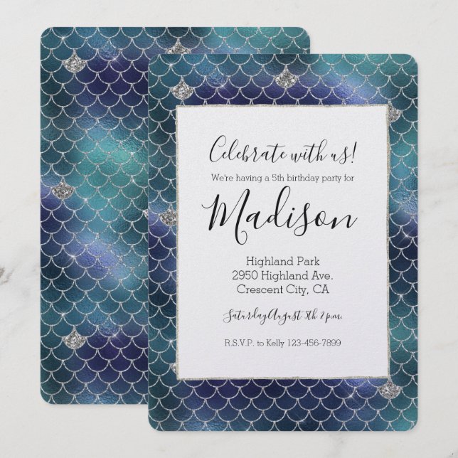 Invitación Brillo de Sirena Azul Aqua Plateado (Anverso / Reverso)