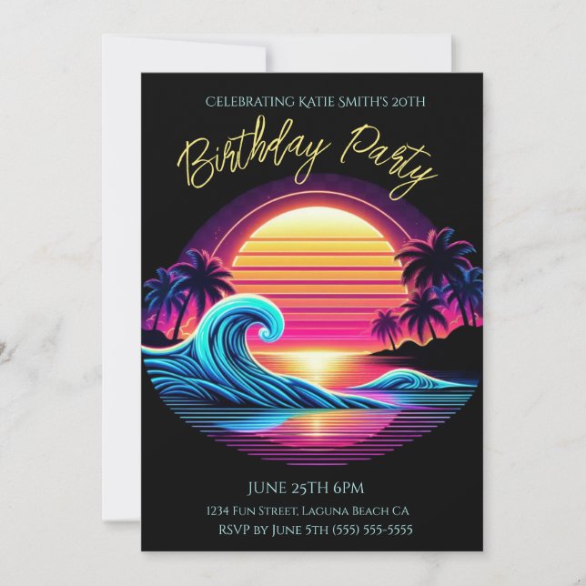 Invitación Brillo de surf de partido-atardecer de cumpleaños (Anverso)