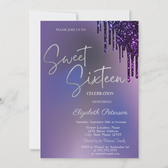 Invitación Brillo de Violeta Oscuro Gotea Cumpleaños Dulce 16 (Anverso)