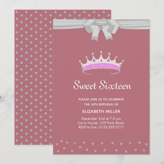 Invitación Brillo Diamante Dulces Dieciséis en Rosa Dorado (Anverso / Reverso)