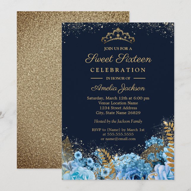 Invitación Brillo Dorado Azul Glitter floral Dulces Dieciséis (Anverso / Reverso)