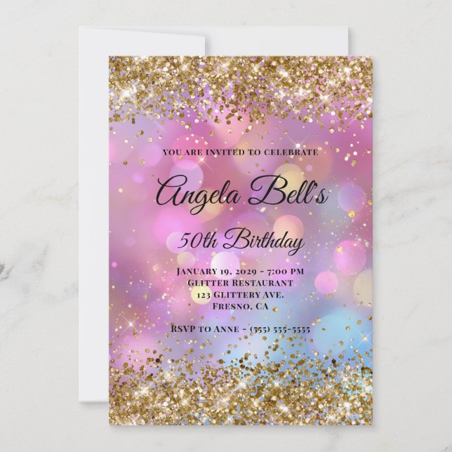 Invitación Brillo Dorado Bokeh Rosa (Anverso)