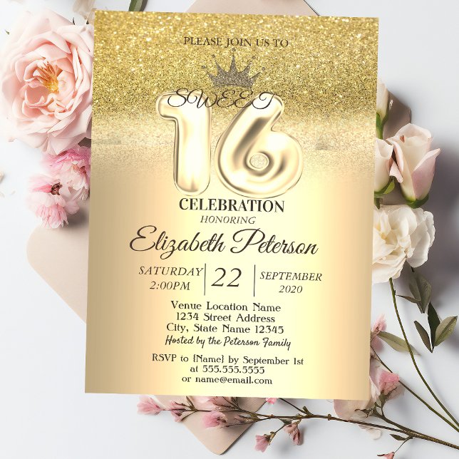 Invitación Brillo Dorado Bokeh, Tiara, Fiesta Dulces 16 (Subido por el creador)