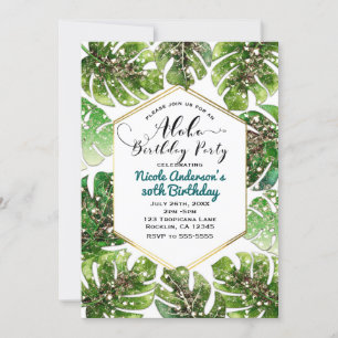 Invitación Brillo Dorado Destello Glam Hojas Tropicales Fiest