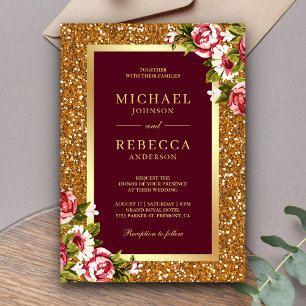 Invitación Brillo Dorado Falso Floral Rosa Rojo Borgoña Boda
