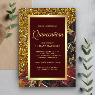 Invitación Brillo Dorado Falso Mármol Rojo Burdeos Quinceañer