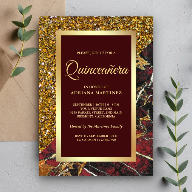 Invitación Brillo Dorado Falso Mármol Rojo Burdeos Quinceañer (Subido por el creador)