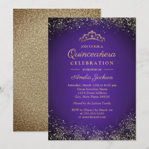 Invitación Brillo Dorado Purpura Quinceanera 15º