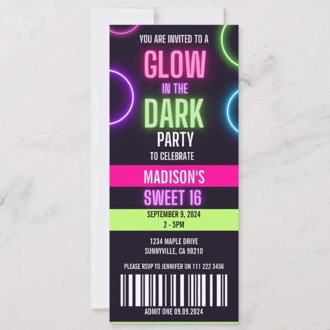Invitación Brillo En El Dulce Oscuro De Neon 16 Fiestas (Anverso)