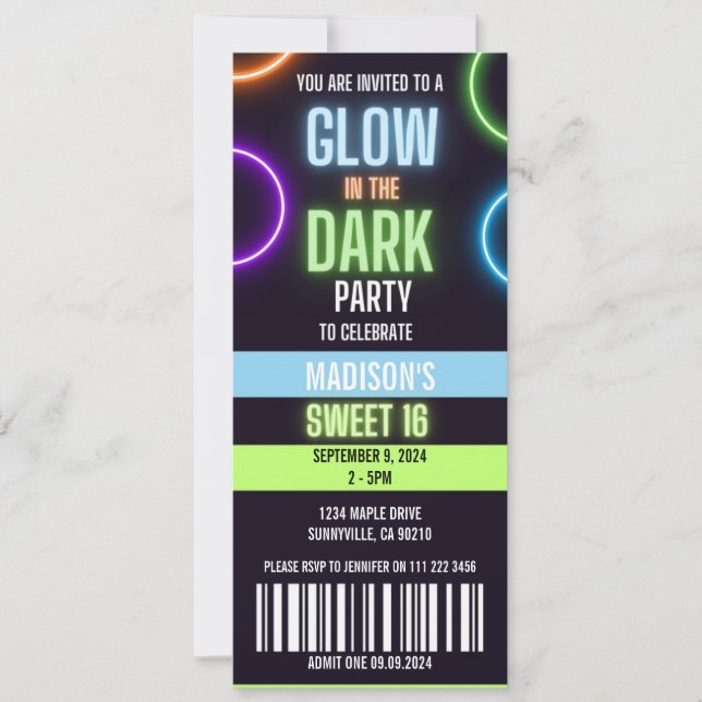 Invitación Brillo En El Dulce Oscuro De Neon 16 Fiestas (Anverso)