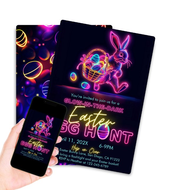 Invitación Brillo en el oscuro Fiesta neón de caza de huevos  (Glow in the Dark Egg Hunt for Easter Bunny, Neon Easter Egg Hunt)