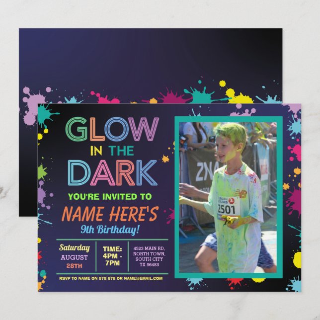 Invitación Brillo En La Oscura Foto Del Fiesta De La Pintura  (Anverso / Reverso)