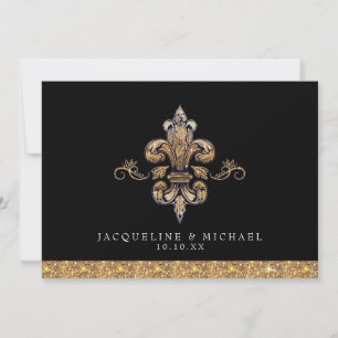 Invitación Brillo Falso Dorado Negro Formal Fleur de Lis