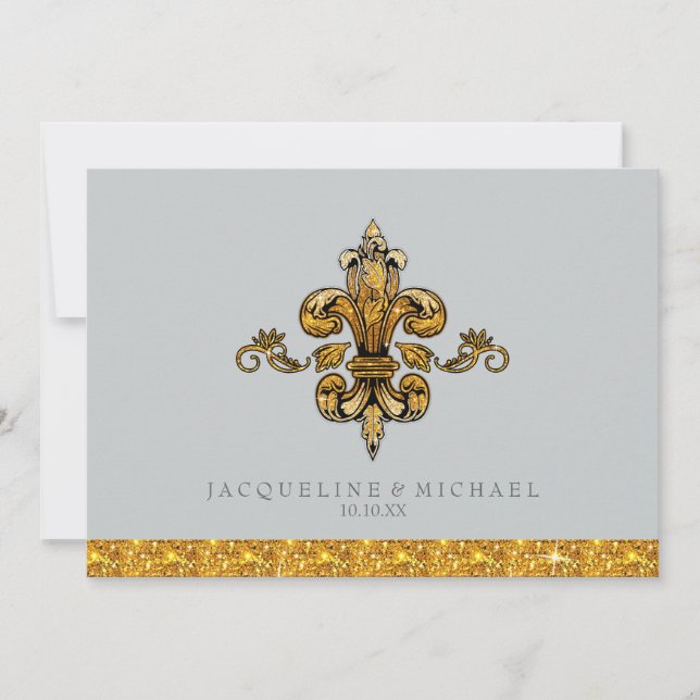 Invitación Brillo Falso Dorado Negro Formal Fleur de Lis (Anverso)