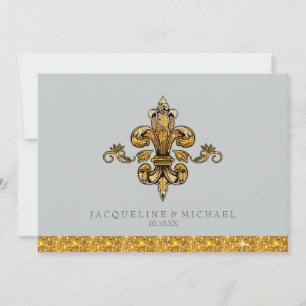 Invitación Brillo Falso Dorado Negro Formal Fleur de Lis