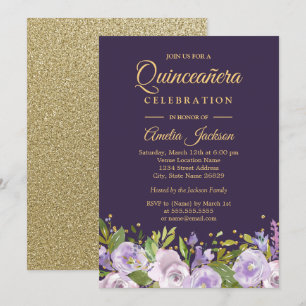 Invitación Brillo Floral Dorado Púrpura Quinceañera