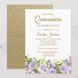 Invitación Brillo Floral Morado Quinceañera de Oro