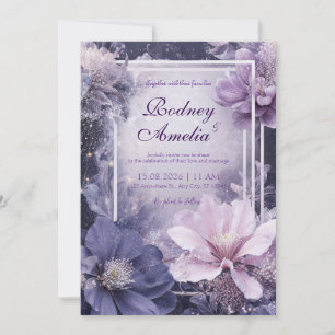 Invitación Brillo Floral Oscuro Malva Periwinkle Boda