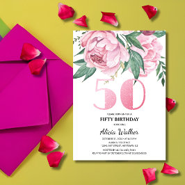 Invitación Brillo Floral Verde de Peonía Rosa 50 Cumpleaños