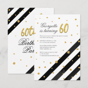 Invitación Brillo Geométrico Raya Negra Blanca Cumpleaños 60